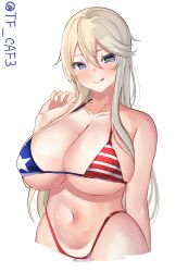 Rule 34 | 1girl, american flag bikini, bare shoulders, bikini, blonde hair, blue bikini, blue eyes, breasts, collarbone, covered erect nipples, flag print, hair between eyes, hand up, highleg, highleg bikini, highres, huge breasts, iowa (kancolle), kantai collection, licking lips, long hair, looking at viewer, multicolored bikini, multicolored clothes, navel, one-hour drawing challenge, red bikini, simple background, skindentation, solo, star-shaped pupils, star (symbol), string bikini, swimsuit, symbol-shaped pupils, tf cafe, tongue, tongue out, twitter username, underboob, very long hair, white background, white bikini