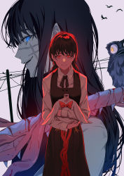 Rule 34 | 2girls, animal, backlighting, bird, black dress, black hair, blood, blue eyes, bucky (chainsaw man), chainsaw man, collared shirt, dress, dual persona, facial scar, feet out of frame, grey background, headless, highres, holding, holding animal, ibaraki shun, intestines, long hair, long sleeves, looking at another, looking at viewer, low twintails, medium hair, mitaka asa, multiple girls, neck ribbon, nervous, open mouth, owl, pinafore dress, power lines, profile, red eyes, ribbon, ringed eyes, scar, scar on cheek, scar on face, school uniform, shirt, sleeveless, sleeveless dress, smile, spine, standing, straight-on, sweat, twintails, war devil (chainsaw man), white shirt, yoru (chainsaw man)