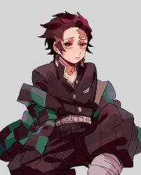 Rule 34 | 1boy, absurdres, belt, black jacket, black pants, breast pocket, brown hair, checkered haori, chinese commentary, closed mouth, commentary request, earrings, feet out of frame, gakuran, grey background, hakama, hakama pants, highres, jacket, japanese clothes, jewelry, kamado tanjirou, kimetsu no yaiba, looking at viewer, male focus, mogutofuoes, pants, pocket, red eyes, scar, scar on face, scar on forehead, school uniform, short hair, simple background, solo