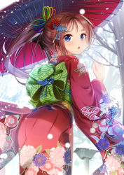 Rule 34 | 1girl, bad id, bad pixiv id, blue eyes, blurry, blurry background, depth of field, from behind, hair ornament, highres, japanese clothes, kimono, long hair, looking at viewer, obi, oil-paper umbrella, original, outdoors, ponytail, sash, snow, snowing, solo, tree, umbrella, very long hair, yan (nicknikg)