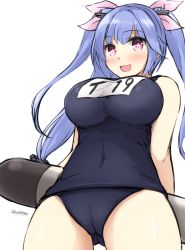 Rule 34 | 10s, 1girl, :3, :d, blue hair, blush, breasts, cameltoe, character name, covered navel, cowboy shot, don (29219), eyebrows, fang, female focus, from below, hair ribbon, i-19 (kancolle), impossible clothes, impossible swimsuit, kantai collection, large breasts, long hair, looking at viewer, name tag, one-piece swimsuit, open mouth, red eyes, ribbon, school swimsuit, simple background, sketch, smile, solo, star-shaped pupils, star (symbol), swimsuit, symbol-shaped pupils, torpedo, tri tails, twitter username, white background