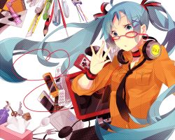 Rule 34 | 1girl, :o, ahoge, aqua eyes, aqua hair, bad id, bad pixiv id, bespectacled, boxcutter, cable, cellphone, choker, controller, drawing tablet, extpil, fork, game controller, glasses, hair ornament, hair ribbon, hairclip, hatsune miku, headphones, headphones around neck, key, keyboard (computer), lock, long hair, monitor, mota (extpil), mouse (computer), necktie, notebook, notepad, pen, pencil, phone, ribbon, ruler, shirt, simple background, solo, spoon, tissue, tissue box, twintails, very long hair, vocaloid, wristband