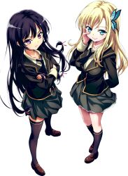 Rule 34 | 2girls, aqua eyes, black hair, blazer, blonde hair, blue eyes, boku wa tomodachi ga sukunai, breasts, bug, butterfly, butterfly hair ornament, closed mouth, crossed arms, hair ornament, hand on own cheek, hand on own face, highres, insect, jacket, kashiwazaki sena, kneehighs, large breasts, loafers, long hair, looking at viewer, mikazuki yozora, multiple girls, necktie, official art, purple eyes, school uniform, shoes, simple background, skirt, smile, socks, st. chronica academy school uniform, thighhighs, watanabe yoshihiro, white background
