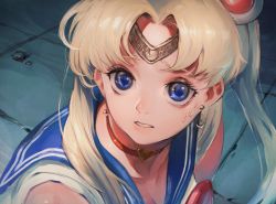 Rule 34 | 1girl, bare shoulders, bishoujo senshi sailor moon, blonde hair, blue eyes, blue sailor collar, blush, bow, bowtie, breasts, choker, cleavage, clenched teeth, collarbone, commentary, crescent, crescent earrings, derivative work, earrings, eyelashes, from side, hair ornament, heart, heart choker, highres, ibuo (ibukht1015), jewelry, meme, parted bangs, parted lips, red bow, red bowtie, red choker, sailor collar, sailor moon, sailor moon redraw challenge (meme), school uniform, screenshot redraw, serafuku, solo, sweatdrop, teeth, tiara, tsukino usagi, twintails, twitter username, upper body