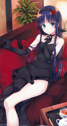 Rule 34 | 1girl, bare shoulders, black dress, black gloves, blue eyes, blue hair, blunt bangs, blush, bow, choker, dress, elbow gloves, flower, gin (ginshari), gloves, hair bow, hair flower, hair ornament, hairband, hand to own mouth, highres, joshi mote na imouto to junan na ore, long hair, lying, mitsurogi rinze, official art, parted lips, scan, side slit, sidelocks, solo, strapless, strapless dress, tea, tray