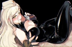 Rule 34 | 1girl, a-91 (girls&#039; frontline), black background, black bodysuit, blonde hair, blush, bodysuit, breast cutout, breasts, closed mouth, ear piercing, flask, girls&#039; frontline, hat, highres, holding, holding flask, looking at viewer, lying, mole, mole under eye, parted lips, piercing, pink nails, ryuu tou, saliva, saliva trail, smile, solo, twitter username, yellow eyes
