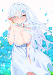 Rule 34 | 1girl, beijuu, bent over, breasts, cleavage, cowboy shot, crescent, crescent earrings, dress, earrings, flower, grey eyes, hair ornament, hand in own hair, highres, jewelry, large breasts, petals, planet earrings, ribbon, star (symbol), star hair ornament, virtual youtuber, white background, white dress, white hair, wind