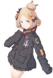 Rule 34 | 1girl, abigail williams (fate), abigail williams (traveling outfit) (fate), alternate hairstyle, bandaid, bandaid on face, bandaid on forehead, belt, black bow, black jacket, blonde hair, blue eyes, blush, bow, crossed bandaids, fate/grand order, fate (series), forehead, hair bow, hair bun, heroic spirit traveling outfit, high collar, jacket, long hair, long sleeves, looking at viewer, official alternate costume, open mouth, orange bow, parted bangs, polka dot, polka dot bow, simple background, single hair bun, sleeves past wrists, solo, thighs, toki (yoyobozi), white background