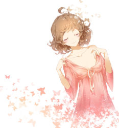 Rule 34 | 1girl, ahoge, blush, breasts, brown hair, bug, butterfly, closed eyes, closed mouth, collarbone, commentary request, curly hair, dress, facing viewer, insect, jokanhiyou, nipples, off shoulder, original, pink dress, ribbon, see-through, shoes, short hair, simple background, single bare shoulder, small breasts, smile, solo, undressing, upper body, white background, white ribbon, wide sleeves