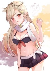 Rule 34 | 1girl, 9610 (kuroto), bikini, bikini skirt, black bikini, black ribbon, blonde hair, breasts, dated, hair flaps, hair ornament, hair ribbon, hairclip, highres, kantai collection, long hair, looking at viewer, official alternate costume, open mouth, red eyes, ribbon, scarf, small breasts, smile, solo, swimsuit, twitter username, white background, white scarf, yellow background, yuudachi (kancolle), yuudachi kai ni (kancolle)