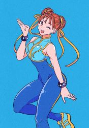 Rule 34 | 1girl, bare shoulders, blue background, blue bodysuit, blush, bodysuit, bracelet, brown hair, bun cover, capcom, chinese clothes, chun-li, crop top, crop top overhang, double bun, earrings, hair bun, hand up, jewelry, motozaki mio, one eye closed, open mouth, simple background, skin tight, snickers (brand), solo, spiked bracelet, spikes, street fighter, street fighter zero (series), studded bracelet, thighs