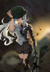 Rule 34 | 1girl, android, g11 (girls&#039; frontline), girls&#039; frontline, grey hair, hair over one eye, hat, highres, holding, holding weapon, long hair, mechanical parts, mush, shorts, solo, standing, weapon, yellow eyes