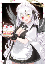Rule 34 | 1girl, :d, apron, asagi yuna, black background, black bow, black bowtie, black dress, black wings, bow, bowtie, breasts, cake, cake slice, candle, candy, chocolate, chocolate heart, cleavage, commentary request, cowboy shot, cross, cross earrings, dress, earrings, feathered wings, food, frilled apron, frilled dress, frilled sleeves, frills, fruit, hair bow, halo, happy birthday, heart, heterochromia, highres, holding, holding plate, jewelry, large breasts, long hair, looking at viewer, maid, maid headdress, necklace, open mouth, original, outside border, plate, puffy short sleeves, puffy sleeves, red eyes, scrunchie, short sleeves, silver hair, simple background, smile, solo, strawberry, very long hair, virtual youtuber, waist apron, white apron, wings, wrist scrunchie, yellow eyes