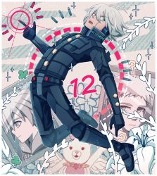 Rule 34 | 1boy, android, arched back, black gloves, black pants, black sweater, blue eyes, border, bullet, cheer (cheerpuppy14), commentary, danganronpa: trigger happy havoc, danganronpa (series), danganronpa 2: goodbye despair, danganronpa v3: killing harmony, english commentary, flower, full body, gloves, grey hair, highres, hinata hajime, iei, index finger raised, k1-b0, looking at viewer, male focus, naegi makoto, open mouth, pants, sweater, teeth, upper teeth only, usami (danganronpa), white border, white flower, wings