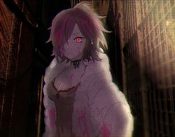 Rule 34 | 1girl, akitama2727, alley, blood, breasts, brown shirt, choker, chromatic aberration, cinderella (sinoalice), cleavage, closed mouth, coat, dark-skinned female, dark skin, earrings, fur-trimmed coat, fur trim, glowing, glowing eye, hair over one eye, jewelry, looking at viewer, outdoors, pink blood, ponytail, purple eyes, purple hair, reality arc (sinoalice), shirt, sinoalice, solo, v-shaped eyebrows, white coat