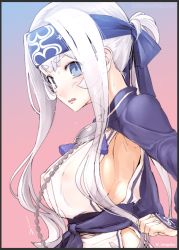 Rule 34 | 10s, 1girl, ainu clothes, blue eyes, breasts, cropped jacket, folded ponytail, headband, kamoi (kancolle), kantai collection, large breasts, long hair, long sleeves, looking at viewer, mizusaki (tengoku), sideboob, sidelocks, solo, thick eyebrows, upper body, white hair, wrist guards