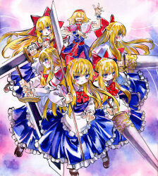 Rule 34 | 6+girls, :d, alice margatroid, apron, axe, blonde hair, blue dress, blue eyes, blush, bow, capelet, doll, dress, frown, hair bow, hairband, highres, holding, holding axe, holding polearm, holding sword, holding weapon, jewelry, kabaji, lance, lolita hairband, long hair, looking at viewer, matching shanghai, multiple girls, no eyes, open mouth, polearm, puppet rings, puppet strings, red hairband, ring, shanghai doll, shikishi, short hair, smile, string, sword, touhou, traditional media, weapon, white capelet