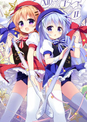 Rule 34 | 2girls, :o, beret, blue bow, blue hair, blush, bow, bowtie, brown hair, buttons, chestnut mouth, clock, double-breasted, eyebrows, frills, from below, gochuumon wa usagi desu ka?, gold trim, hair ornament, hairclip, hat, holding, holding spoon, hoto cocoa, kafuu chino, long hair, looking at viewer, matching outfits, multiple girls, nagayama yuunon, old school swimsuit, open mouth, oversized object, panties, pantyshot, puffy short sleeves, puffy sleeves, purple eyes, rabbit, red bow, ribbon, roman numeral, school swimsuit, shirt, short sleeves, skirt, spoon, standing, star (symbol), striped bow, striped bowtie, striped clothes, striped neckwear, swimsuit, swimsuit under clothes, thighhighs, underwear, upskirt, very long hair, vest, white legwear, white shirt, wrist cuffs, x hair ornament