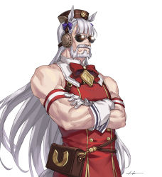 Rule 34 | 1boy, animal ears, armband, bare shoulders, beard, blunt bangs, bow, crossed arms, facial hair, genderswap, genderswap (ftm), gloves, gold ship (umamusume), hat, horse boy, korean commentary, kws, long hair, male focus, manly, mixed-language commentary, muscular, muscular male, pillbox hat, red bow, red neckwear, signature, silver hair, simple background, solo, sunglasses, umamusume, upper body, white background, white gloves
