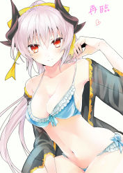 Rule 34 | 1girl, arm up, bare shoulders, bikini, black jacket, blue bikini, blush, bow, breasts, cleavage, closed mouth, collarbone, curled horns, dragon horns, fate/grand order, fate (series), fingernails, grey background, hair between eyes, highres, horns, jacket, kiyohime (fate), kiyohime (swimsuit lancer) (third ascension) (fate), lifting own clothes, long hair, looking at viewer, medium breasts, navel, off shoulder, open clothes, open jacket, red eyes, silver hair, simple background, smile, solo, strap lift, swimsuit, tomozero, very long hair, yellow bow