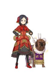 Rule 34 | 1girl, black eyes, black footwear, black hair, black pantyhose, capelet, cross-laced clothes, dog, dog request, dress, floral print, flower, frilled dress, frills, full body, hair flower, hair ornament, hand on own hip, highres, leash, looking at viewer, official art, pantyhose, princess principal, princess principal game of mission, red dress, red footwear, shoes, short hair, smile, solo, standing, toudou chise, transparent background