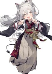 Rule 34 | 1girl, absurdres, animal ears, blush, demon tail, emma august, fang, feet out of frame, fingers to cheeks, grey hair, hair between eyes, hair ornament, hair stick, highres, index finger raised, japanese clothes, kimono, long hair, long sleeves, nijisanji, obi, open mouth, pointy ears, ponytail, sash, sh (shinh), simple background, smile, solo, tail, teeth, very long hair, virtual youtuber, white background, wide sleeves, wolf ears, yellow eyes