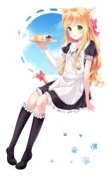 Rule 34 | 1girl, animal ears, bad deviantart id, bad id, bell, blonde hair, cat ears, cat tail, cup, green eyes, hitsukuya, holding, long hair, maid, original, paw print, smile, solo, tail, tail bell, tail ornament, tray