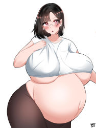 Rule 34 | 1girl, absurdres, artist name, bayoshii, big belly, black hair, blush, breasts, breasts apart, collarbone, cowboy shot, crop top, curvy, earrings, glasses, highres, huge breasts, jewelry, looking at viewer, medium hair, navel, original, outie navel, pants, parted lips, pearl earrings, pregnant, red eyes, shirt, sidelocks, signature, skindentation, solo, standing, thick thighs, thighs, underboob, white background, wide hips, yoga pants