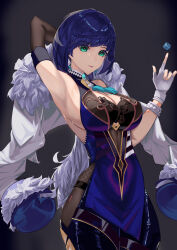 Rule 34 | 1girl, absurdres, aquarius cat, arm up, armpits, bare shoulders, black background, black gloves, blue hair, breasts, cleavage, commentary request, cowboy shot, dice, elbow gloves, fingerless gloves, fur-trimmed jacket, fur trim, genshin impact, gloves, green eyes, hand up, highres, jacket, jacket on shoulders, large breasts, looking at viewer, parted lips, short hair, sleeveless, solo, standing, white gloves, white jacket, yelan (genshin impact)