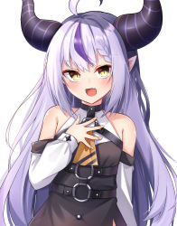 Rule 34 | 1girl, :d, ahoge, ascot, bare shoulders, black dress, blush, braid, commentary request, demon girl, demon horns, detached sleeves, dress, fang, hand on own chest, hololive, horns, hoshino reiji, la+ darknesss, light purple hair, long hair, long sleeves, looking at viewer, multicolored hair, open mouth, pointy ears, purple hair, simple background, skin fang, smile, solo, streaked hair, upper body, very long hair, virtual youtuber, white background, yellow ascot, yellow eyes