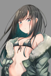 Rule 34 | 1girl, alternate costume, asashio (kancolle), bikini, black hair, breasts, closed mouth, comah, commentary request, front-tie bikini top, front-tie top, fur-trimmed jacket, fur trim, green eyes, grey background, grey jacket, jacket, kantai collection, long hair, looking at viewer, navel, off shoulder, open clothes, open jacket, simple background, small breasts, solo, striped bikini, striped clothes, swimsuit, upper body