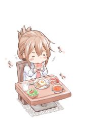 Rule 34 | 10s, 1girl, = =, blush stickers, bowl, bread slice, brown hair, chair, commentary request, cup, drinking glass, eating, egg, egg (food), folded ponytail, food, fork, fried egg, fried egg on toast, fujishima shinnosuke, inazuma (kancolle), jam, kantai collection, knife, neckerchief, plate, salad, school uniform, serafuku, simple background, sitting, solo, sunny side up egg, table, toast, tomato, white background