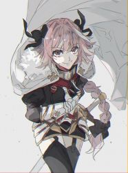 Rule 34 | 1boy, astolfo (fate), black bow, bow, braid, ebanoniwa, fang, fate/apocrypha, fate (series), garter straps, gauntlets, grey background, hair bow, hat, highres, long hair, looking at viewer, male focus, pink hair, single braid, smile, solo, sword, trap, very long hair, weapon