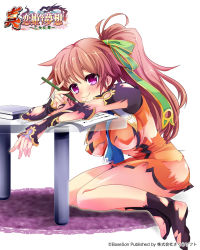 Rule 34 | 1girl, batai, black footwear, book, breasts, brown hair, copyright name, covered erect nipples, detached sleeves, highres, kapimaru, koihime musou, large breasts, long hair, naughty face, no pants, orange shirt, pencil, pink eyes, ponytail, ribbon, shirt, simple background, sitting, smile, socks, solo, studying, table, thick eyebrows, torn clothes, torn shirt, torn sleeves, torn socks, white background