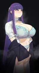 Rule 34 | 1girl, averting eyes, black robe, blue bra, blue panties, blush, bra, breasts, cleavage, collar, commentary, cut bangs, english commentary, fern (sousou no frieren), highres, huge breasts, lingerie, long hair, navel, off shoulder, open clothes, open shirt, panties, puffy short sleeves, puffy sleeves, puk (higanbana doujin), purple eyes, purple hair, robe, shirt, short sleeves, solo, sousou no frieren, straight hair, thighs, unbuttoned, unbuttoned shirt, underwear, undressing, v arms, very long hair, white collar, white shirt