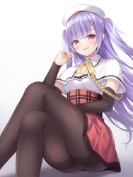 Rule 34 | 1girl, ajax (azur lane), azur lane, bad id, bad pixiv id, beret, black pantyhose, bow, capelet, detached sleeves, gradient background, hat, high-waist skirt, highres, long hair, long sleeves, pantyhose, pink eyes, purple hair, red skirt, sakuba nao, shadow, sitting, skirt, solo, two side up, white background, white capelet, white hat, yellow bow