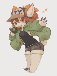 Rule 34 | 1girl, alternate costume, animal ears, barefoot, black shirt, casual, coat, cup, full body, furry, furry female, green coat, hat, highres, holding, holding cup, kawasemi27, long sleeves, looking at viewer, made in abyss, medium hair, mitty (made in abyss), mitty (made in abyss) (furry), open mouth, red eyes, red hair, shirt, shorts, smile, solo, suspender shorts, suspenders, tail, whiskers