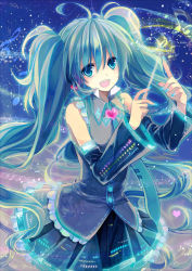 Rule 34 | 1girl, ahoge, aqua eyes, aqua hair, bad id, bad pixiv id, conductor baton, beamed quavers, detached sleeves, flat sign, hatsune miku, heart, heart on chest, highres, long hair, musical note, nail polish, necktie, open mouth, revision, sharp sign, smile, solo, staff (music), t miyanagi, treble clef, twintails, vocaloid
