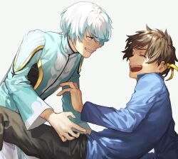 Rule 34 | 2boys, bishounen, black pants, blue robe, blue shirt, brown hair, closed eyes, feather hair ornament, feathers, grey background, grin, hair ornament, hair over one eye, happy, happy tears, highres, looking at another, male focus, mikleo (tales), multiple boys, open mouth, pants, pon52io, purple eyes, robe, shirt, smile, sorey (tales), tales of (series), tales of zestiria, tears, white hair, yaoi