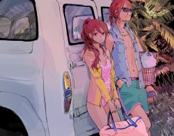 Rule 34 | 1boy, 1girl, brother and sister, casual one-piece swimsuit, free!, jacket, jewelry, long hair, matsuoka gou, matsuoka rin, necklace, off shoulder, one-piece swimsuit, pau, ponytail, red eyes, red hair, short hair, shorts, siblings, summer, sunglasses, swimsuit
