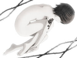 Rule 34 | 1girl, arm tattoo, artist request, barefoot, doutoku no jukai (vocaloid), feet, fetal position, flower, from side, full body, greyscale, hands on feet, meiko (vocaloid), monochrome, nude, own hands together, plantar flexion, rose, short hair, simple background, solo, tattoo, vocaloid, white background