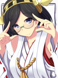 Rule 34 | 10s, 1girl, black hair, blue eyes, detached sleeves, glasses, grey-framed glasses, kantai collection, kichihachi, kirishima (kancolle), looking at viewer, ribbon-trimmed sleeves, ribbon trim, short hair, smile, solo, upper body