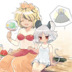Rule 34 | 2girls, alternate costume, animal ear fluff, animal ears, biyon, black hair, blonde hair, bloomers, chemise, closed eyes, dot mouth, food, fruit, grey hair, hair ornament, hand fan, hot, mouse (animal), mouse ears, mouse tail, multiple girls, nazrin, o-ring, o-ring top, open mouth, orange skirt, paper fan, red eyes, revealing tanlines, road, short hair, sitting, skirt, spoken object, star (symbol), street, sweat, tail, tan, tanline, tanlines, toramaru shou, touhou, uchiwa, ufo, underwear, watermelon, watermelon slice