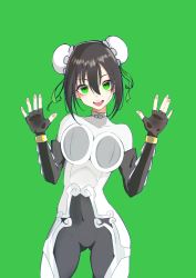 Rule 34 | 1girl, :d, against fourth wall, bad id, bad pixiv id, black hair, bodysuit, breast press, covered navel, double bun, elbow gloves, fate/grand order, fate (series), fingerless gloves, gloves, green background, green eyes, hair between eyes, highres, ofudou, open mouth, qin liangyu (fate), simple background, smile, solo, teeth