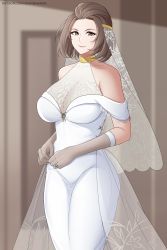 Rule 34 | 1girl, aslindsamure, banned artist, bare shoulders, blurry, blurry background, breasts, bridal veil, brown hair, cleavage, collarbone, commentary, commission, dress, english commentary, fire emblem, fire emblem: three houses, floral print, forehead, grey eyes, highres, jewelry, knees out of frame, large breasts, looking at viewer, manuela casagranda, mole, mole under eye, nintendo, open mouth, parted lips, patreon username, ring, see-through, solo, standing, thighs, veil, wedding, wedding dress, wedding ring, white dress