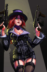Rule 34 | 1girl, blue eyes, breasts, choker, cleavage, crime city miss fortune, drum magazine, dual wielding, fedora, formal, garter straps, gun, hat, holding, ionen, jacket, large breasts, league of legends, long hair, magazine (weapon), miss fortune (league of legends), pencil skirt, pinstripe pattern, pinstripe suit, red hair, shiny skin, skindentation, skirt, skirt suit, solo, striped, submachine gun, suit, thighhighs, weapon, zettai ryouiki