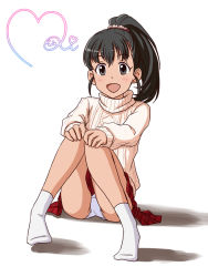 Rule 34 | :d, black eyes, black hair, character name, character signature, child, commentary request, fukuyama mai, full body, hands on own knees, heart, heart of string, high ponytail, idolmaster, idolmaster cinderella girls, knees together feet apart, legs together, lielos, long hair, looking at viewer, no shoes, open mouth, panties, pantyshot, plaid, plaid skirt, red skirt, shadow, side ponytail, sidelocks, sitting, skirt, sleeves past wrists, smile, solo, sweater, underwear, white background, white panties, white sweater