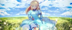 Rule 34 | 1girl, ahoge, aqua eyes, artoria pendragon (all), artoria pendragon (fate), bad id, bad pixiv id, blonde hair, blue bow, blue dress, blue skirt, blue sky, bow, closed mouth, cloud, day, dress, fate/stay night, fate (series), field, grass, highres, horizon, light particles, long hair, long sleeves, looking at viewer, magicians (zhkahogigzkh), official alternate costume, saber (fate), skirt, skirt hold, sky, solo, tears, walking, watermark
