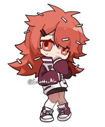 Rule 34 | 1girl, chibi, flaky (happy tree friends), happy tree friends, jacket, letterman jacket, long hair, personification, purple footwear, purple sleeves, red eyes, red hair, shoes, sidelocks, simple background, sneakers, solo, south ac, standing, white background, white jacket