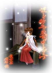 Rule 34 | 1girl, brown hair, japanese clothes, long hair, miko, nashigami tsubute, original, sitting, solo